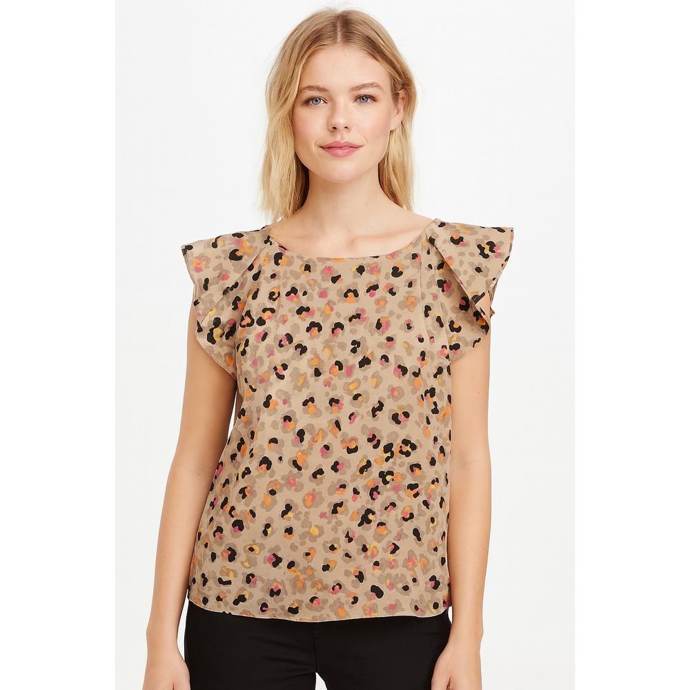 Attention Womens Leopard Floral Flutter Sleeve Blouse Tan Multi Color‎ Size M